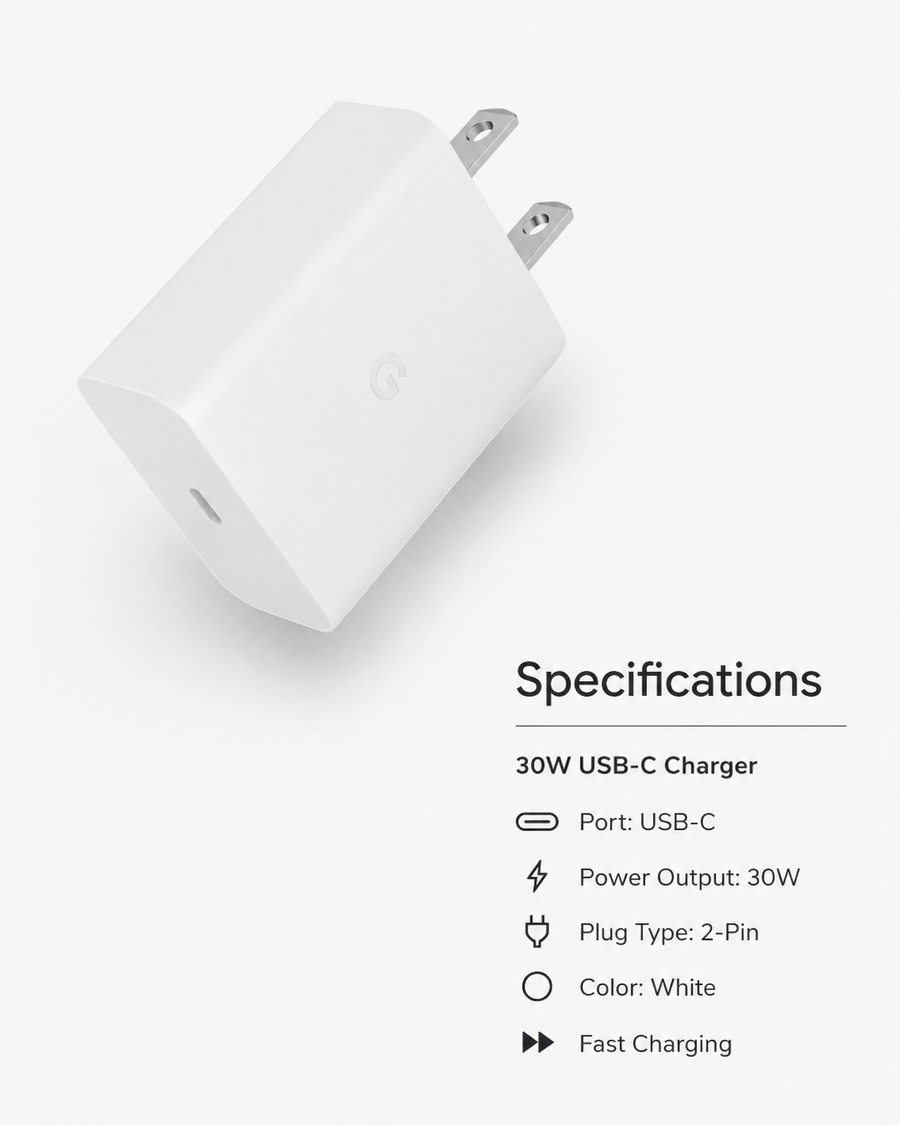 Original 30W USB-C Fast Charger - White 2-Pin Adapter